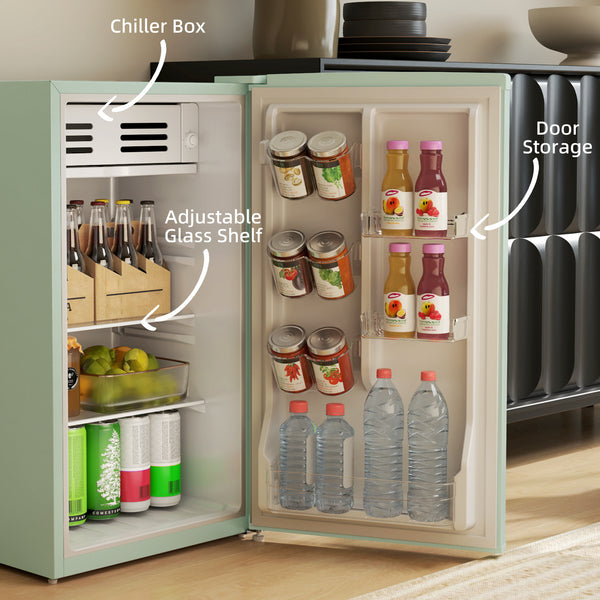 Retro Mini Fridge 3.1 cu. ft., Compact Single Door Refrigerator with Adjustable Thermostat, 2 Glass Shelves, Green