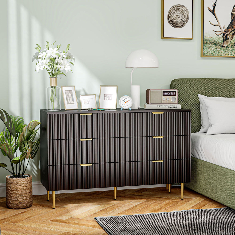 Modern 6 Drawer Bedroom Dresser with Gold Legs and Handles, Black