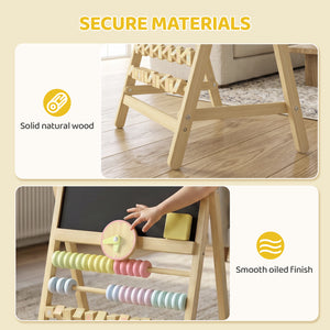 Double-sided children's easel with abacus and clock, natural wood