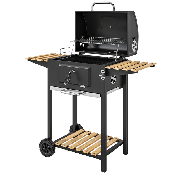 Charcoal barbecue on wheels with adjustable charcoal tray