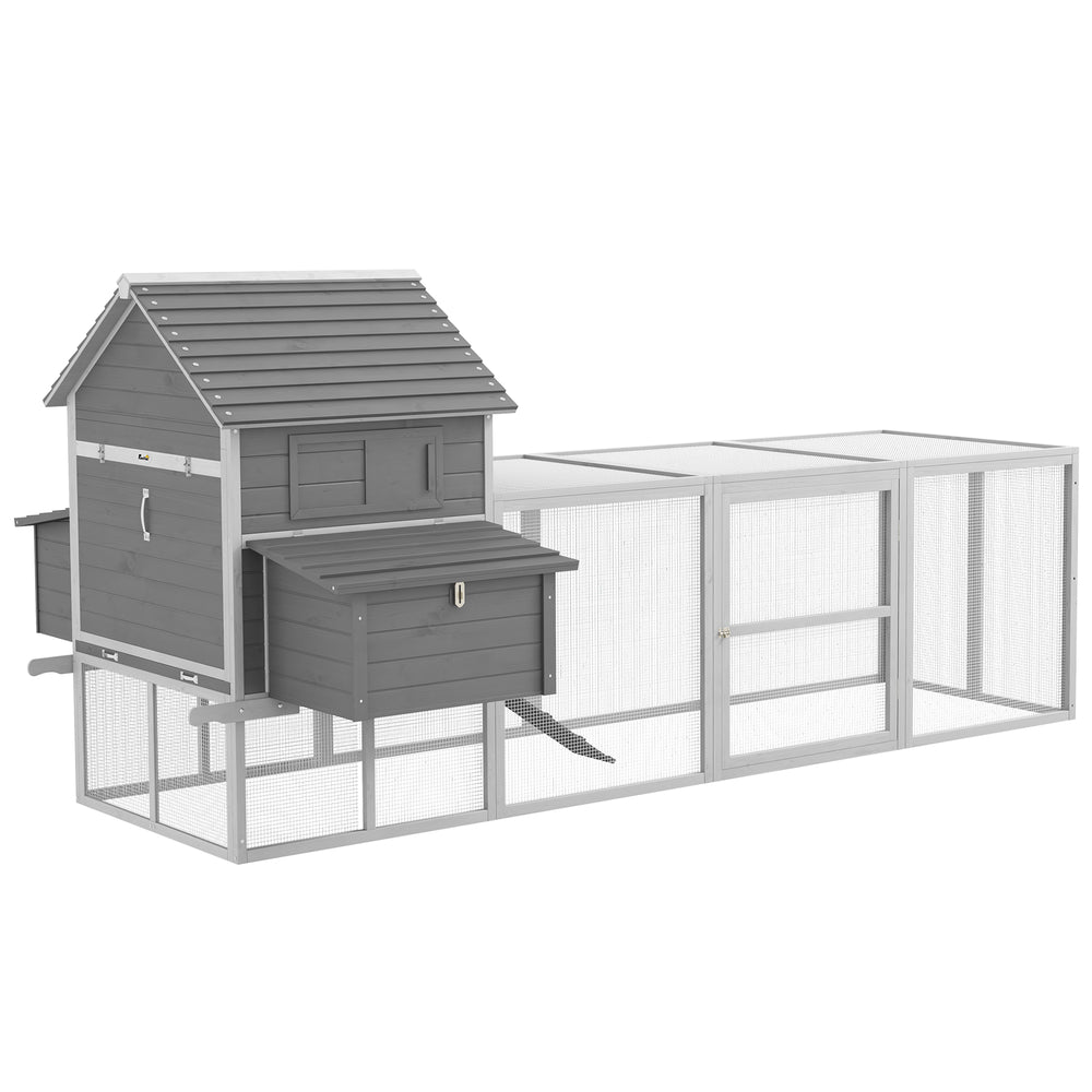 Wooden chicken coop with nesting boxes, run, doors, tray, and ramp for 4 to 6 chickens
