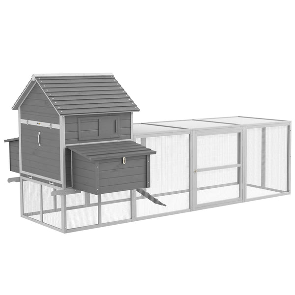 Wooden chicken coop with nesting boxes, run, doors, tray, and ramp for 4 to 6 chickens