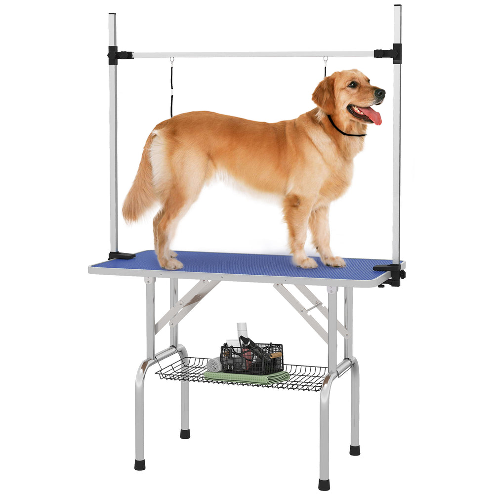 Adjustable Dog Grooming Table with 2 Safety Straps and Storage Basket, Blue