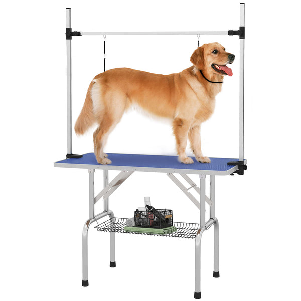 Adjustable Dog Grooming Table with 2 Safety Straps and Storage Basket, Blue
