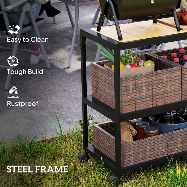 3-tier bar trolley with side handle and removable rattan basket