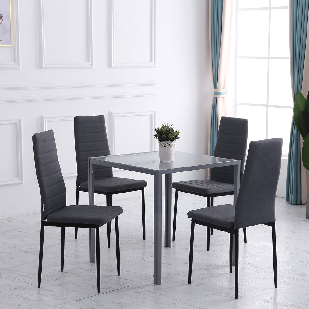 Set of 4 modern chairs upholstered in linen with tufted detailing and metal legs, grey