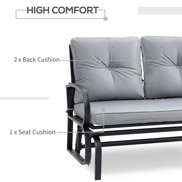 Two-seater rocking chair with steel frame and cushions, grey