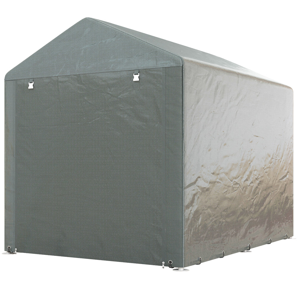 Portable shelter with galvanized steel frame and large door, light grey