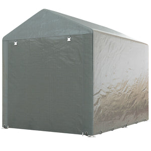 Portable shelter with galvanized steel frame and large door, light grey