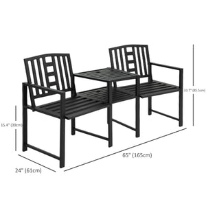 2-seater metal garden bench with central table, black