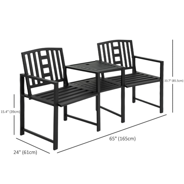 2-seater metal garden bench with central table, black