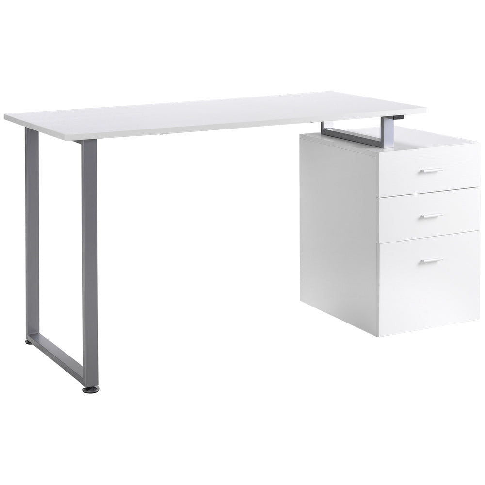 Computer desk with reversible multi-use filing drawers, white