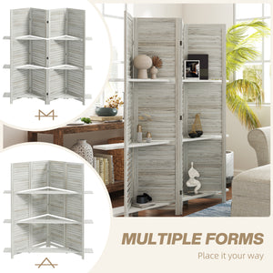 4-Panel Room Divider with 3 Storage Shelves, Distressed White