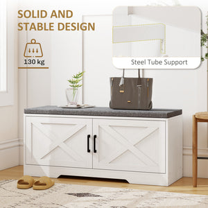 Entryway bench with shoe storage, adjustable shelves and cushion – White and grey