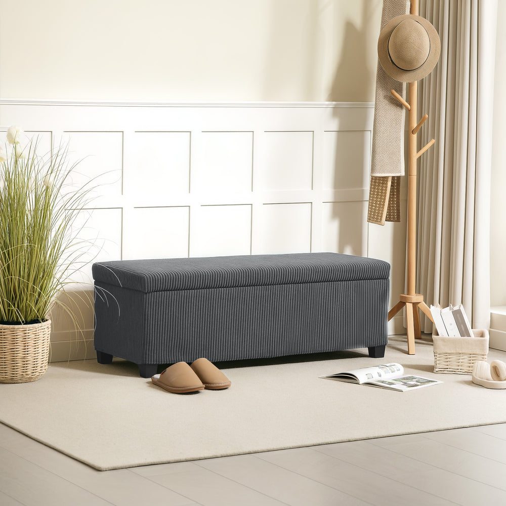 Corduroy storage ottoman bench with padded seat – Grey