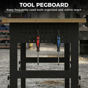 Height-adjustable heavy-duty workbench with power outlets, USB ports, and tool pegboard – Natural wood and black