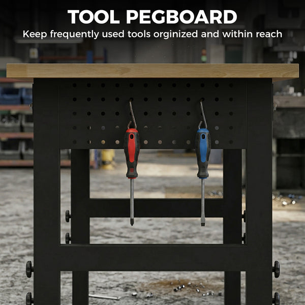 Height-adjustable heavy-duty workbench with power outlets, USB ports, and tool pegboard – Natural wood and black