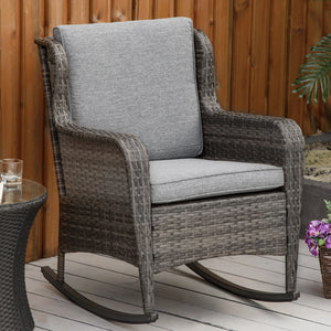 Outdoor rocking chair in woven resin with cushions, grey