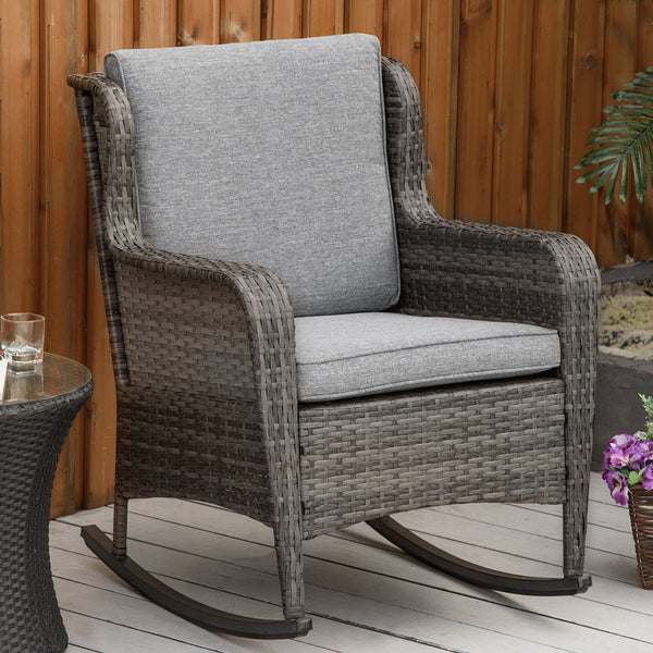 Outdoor rocking chair in woven resin with cushions, grey