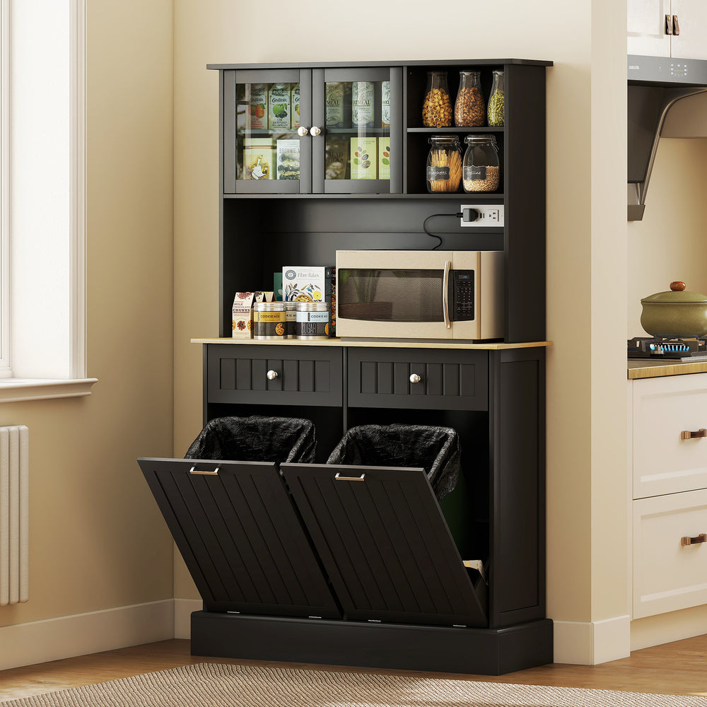 Kitchen cabinet with charging station and 2 tilting cupboards, black