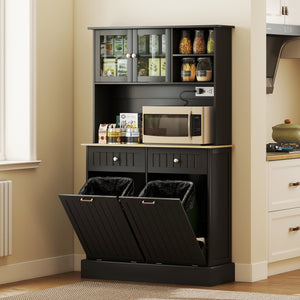 Kitchen cabinet with charging station and 2 tilting cupboards, black