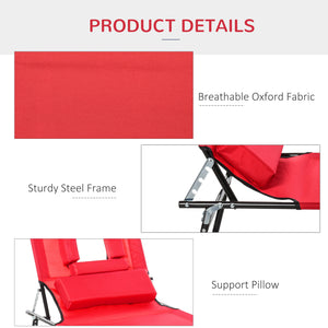 Adjustable Outdoor Lounge Chair, Garden Folding Chaise Lounge with Face Hole Reclining Tanning Chair Seat, Folding Camping Beach Lounging Bed w/ Support Pillow, Red