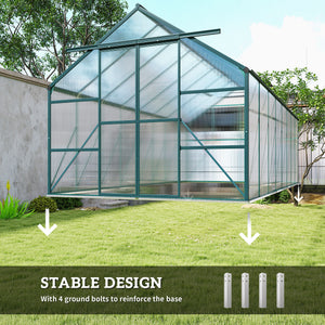 Green aluminum and polycarbonate garden greenhouse