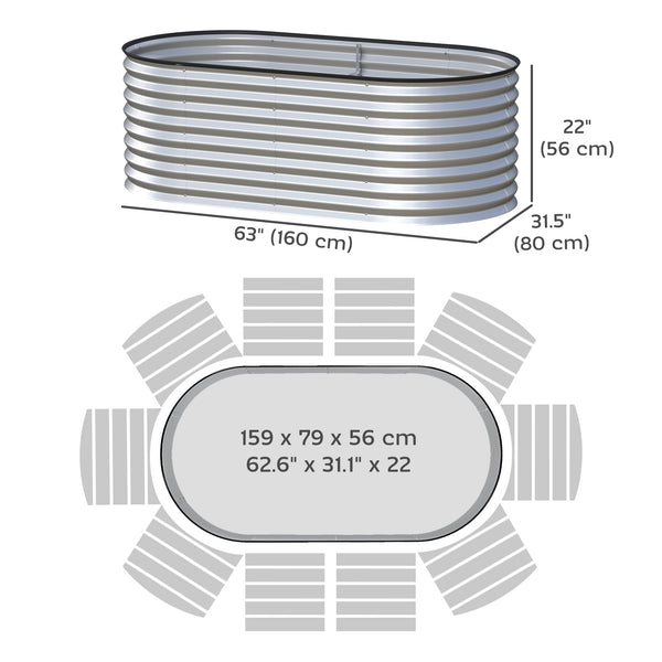 Galvanized oval raised planter, silver color 