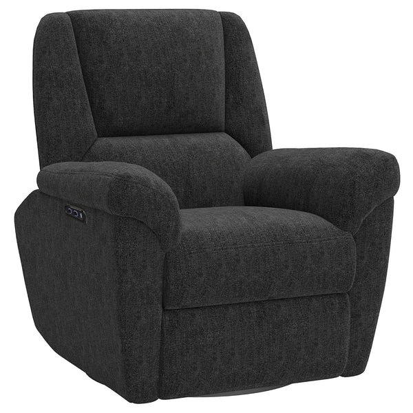 Electric reclining chair, fabric upholstery, USB ports, swivel and rocking function, footrest, black