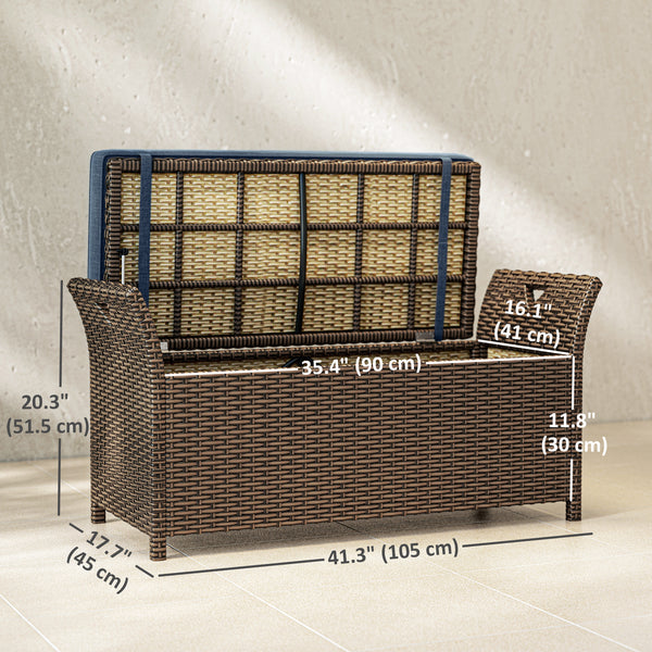 2-in-1 outdoor wicker storage bench with handles and cushion, navy blue