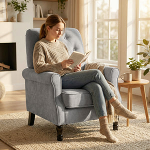 Mid-century modern accent chair with thick padded seat, spring cushion, solid wood legs, gray