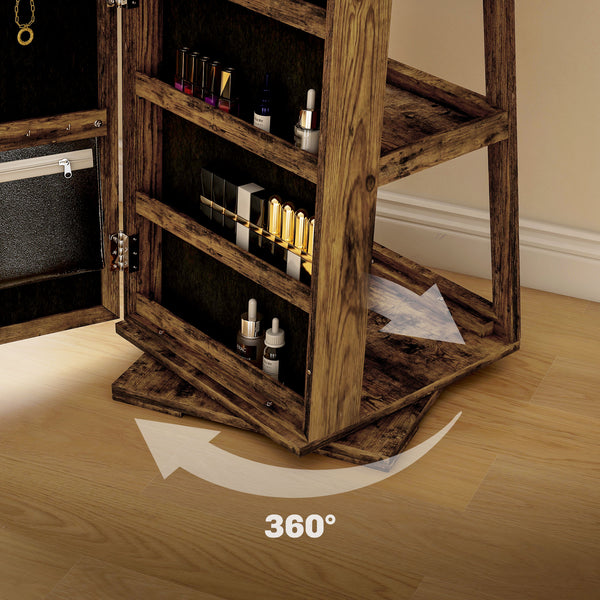360° Rotating Jewelry Cabinet, Lockable, with Built-in Mirror, Rustic Brown