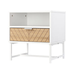 Modern bedside table with drawer and storage shelf, white and oak