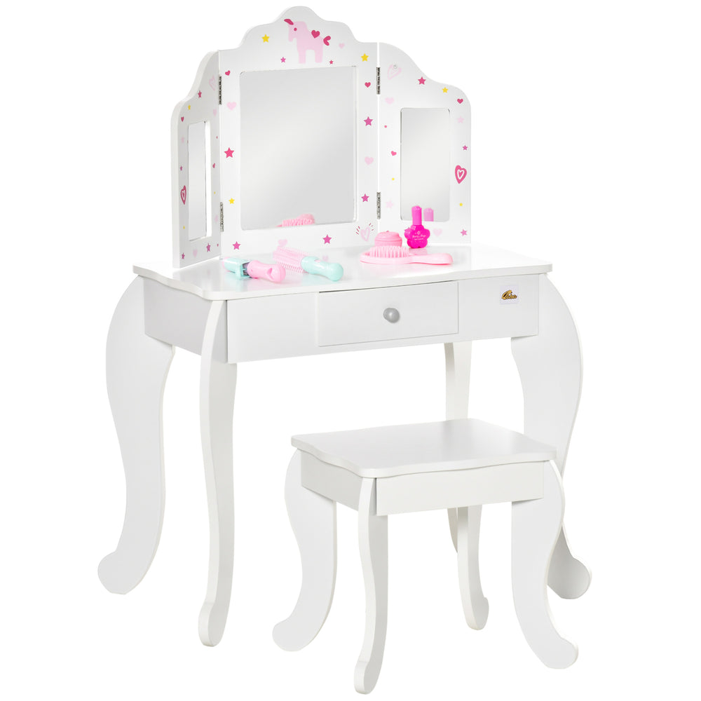 Dressing table set with folding mirrors, star and heart patterned drawer, white
