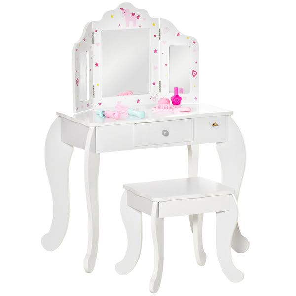 Dressing table set with folding mirrors, star and heart patterned drawer, white