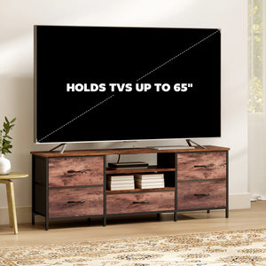 Industrial-style TV stand for TVs up to 65 inches, with charging station, 5 drawers and open shelves, rustic brown