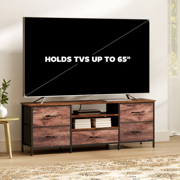 Industrial-style TV stand for TVs up to 65 inches, with charging station, 5 drawers and open shelves, rustic brown