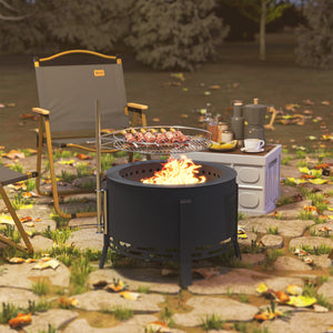 Wood-burning fireplace with grate, ash catcher and poker, black