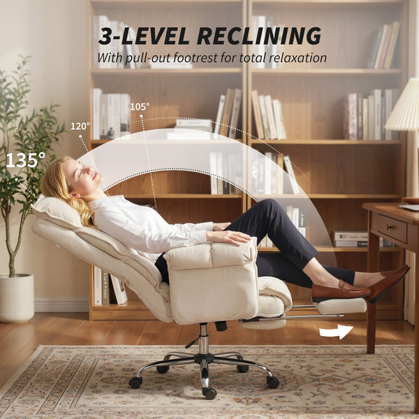 Reclining office chair with footrest, cream