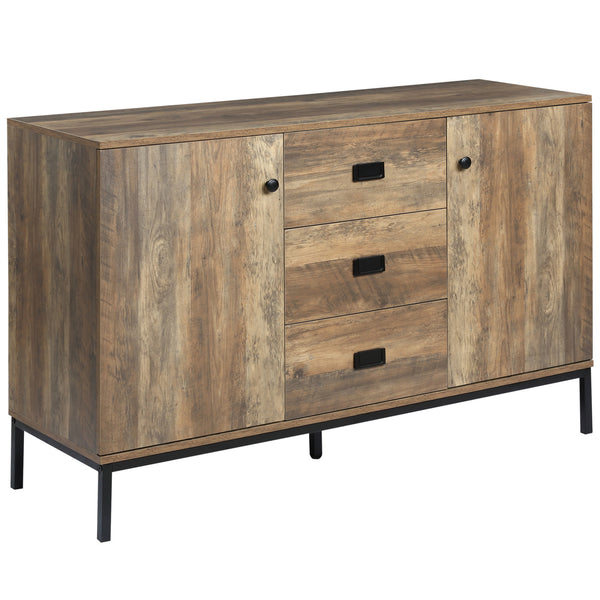 Industrial sideboard with 2 doors, 3 drawers, and shelves, brown.