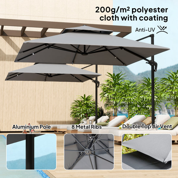 9.8-foot square cantilever parasol, 360° rotation, light grey