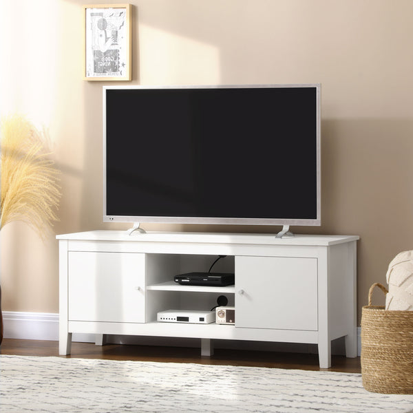 Modern TV stand for TVs up to 55 inches with cupboards and shelves, white