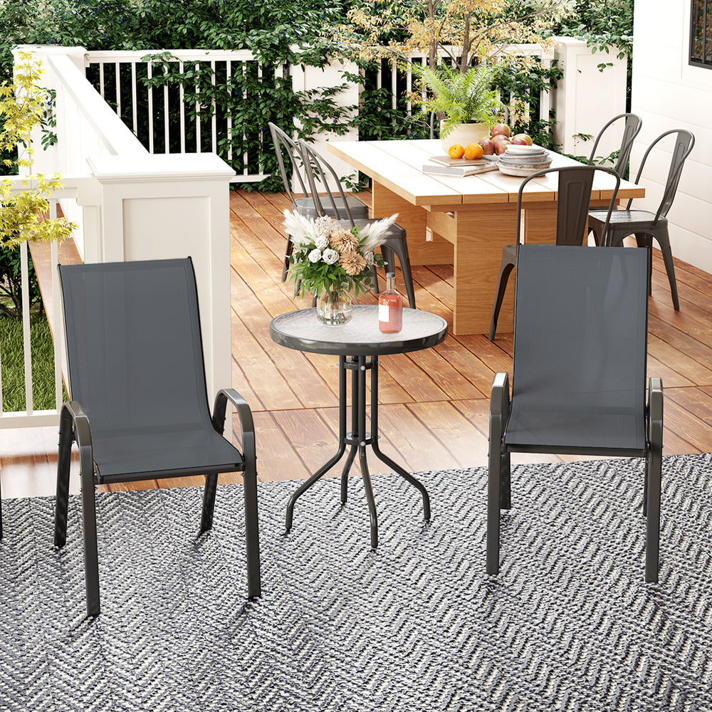 3 Piece Bistro Set with Stackable Mesh Chairs, Glass Table for Garden, Balcony, Dark Grey