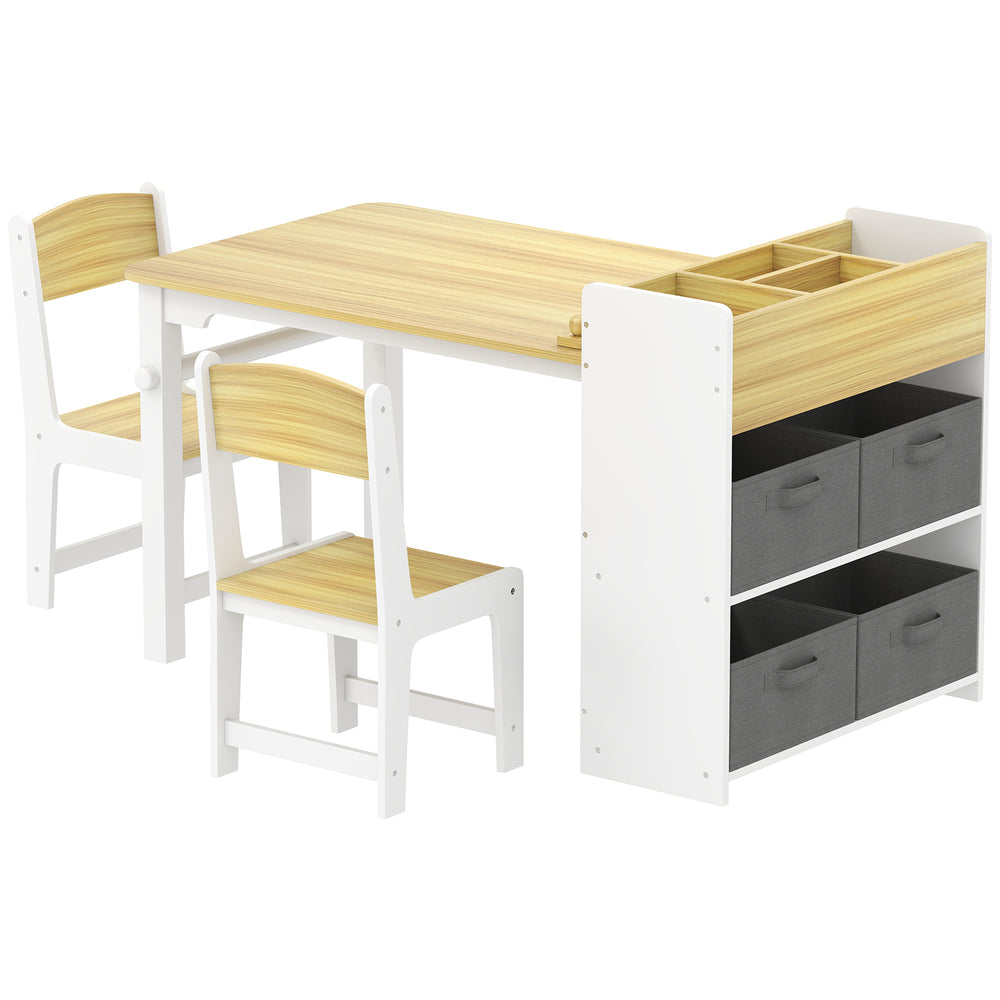Table and chairs with paper roll, storage shelves and drawers, natural wood