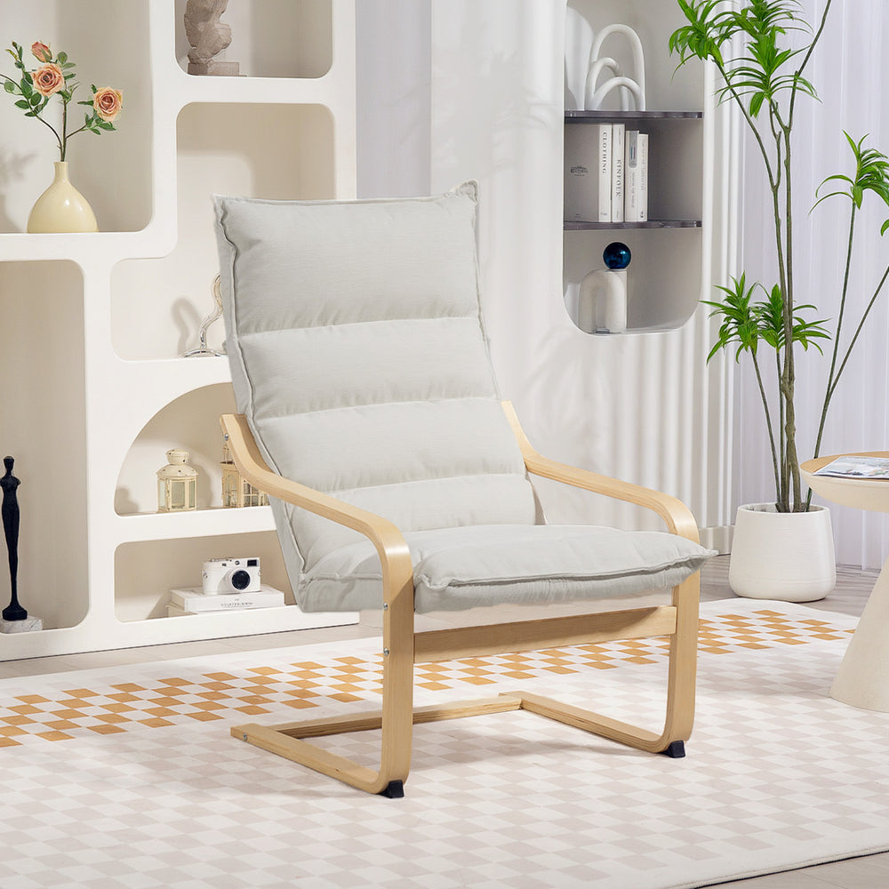 Fabric and birch wood accent chair with curved legs and armrests, cream white