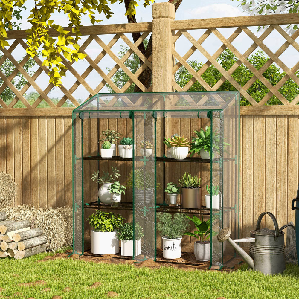 Portable mini greenhouse with 3 shelves, reinforced cover and roll-up doors