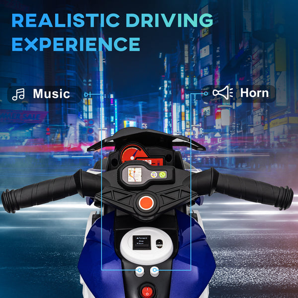 6V Electric Motorcycle with 3 Wheels, Music, Horn, Lights, Blue