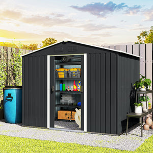 Metal garden shed with lockable sliding doors and ventilation
