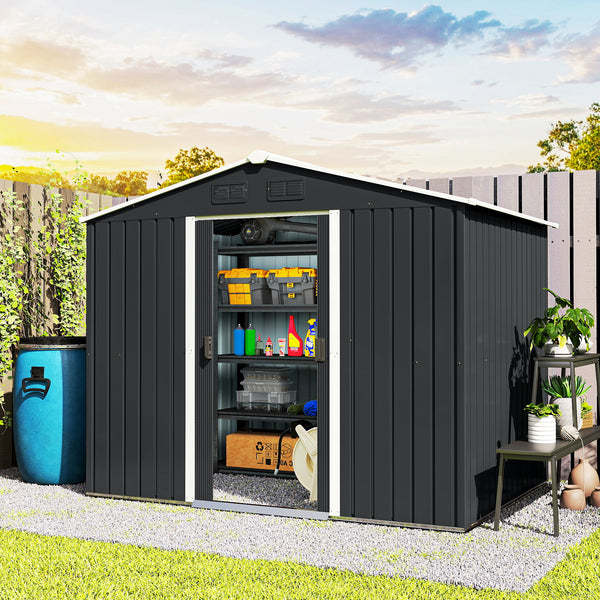 Metal garden shed with lockable sliding doors and ventilation