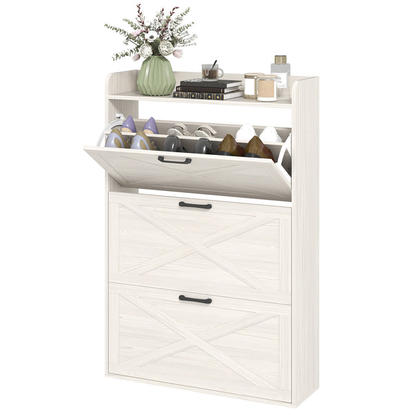 Farmhouse Style Shoe Cabinet with 3 Drop-Down Drawers and Adjustable Shelves, White Oak 
